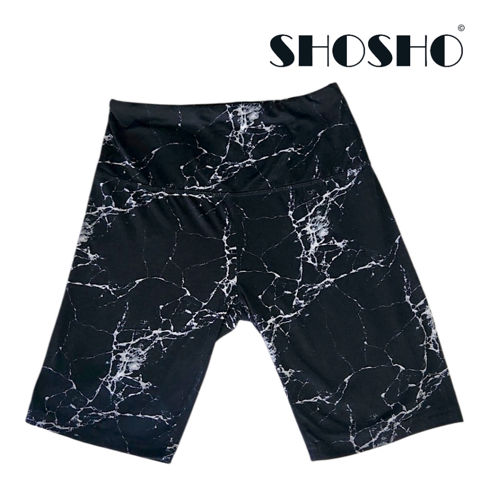 Shosho - Softest High Waisted Black and White Marble Print Bike Shorts